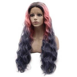 Mxangel Long Dark Roots Pink Gray Ombre Heat Friendly Fiber Lace front Cosplay Party Wig