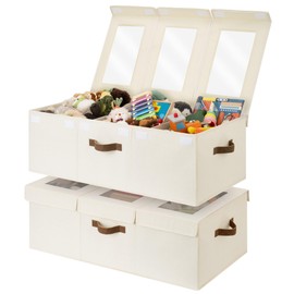 StorageWorks Large Toy Storage Bins with Lids, Collapsible Sturdy Toy Chests, Storage Chests with Dividers for Nursery, Living Room, Playroom, Bedroom, Beige, 2-Pack