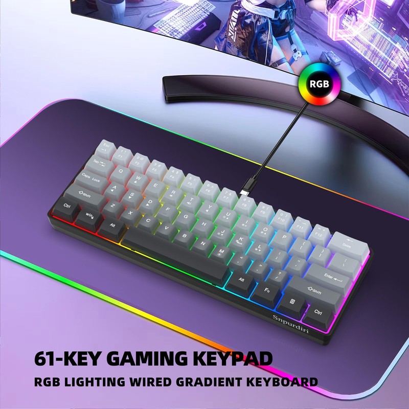 Snpurdiri 60% Wired Gaming Keyboard, 61 Keys RGB Backlit Ultra-Compact