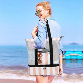 Bluboon Mesh Beach Bag with Cooler Sections Pool Bag for Women Detachable Insulated Picnic Shoulder Bag and Solid Zipper Closure Travel Tote (Light Pink)