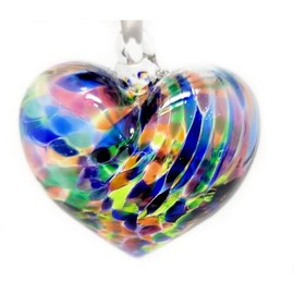 Multicolored Blown Glass Heart Ornament - Small 3 inch Handmade Hanging Friendship Heart Home Décor