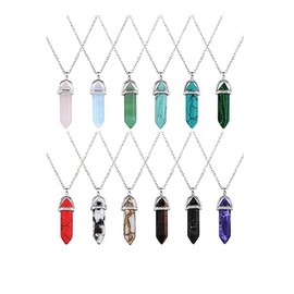 Crystal Pendant, Gemstone Necklaces, Natural Hexagonal Crystal Pendants with Chains, Lace Quartz Stones in the Shape of a Bullet with Bag, 12 Colours, Ceramic
