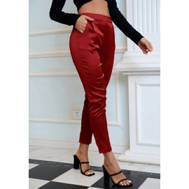 Women's Satin Silky Dress Casual Cocktail Wed Pull on High Elastic Waist Pants Drape Redrose