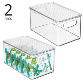 mDesign Plastic Deep Storage Bin Box Container with Lid and Built-In Handles - Organization for Fruit, Snacks, or Food in Kitchen Pantry, Cabinet, or Cupboard, Ligne Collection, 2 Pack, Clear