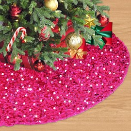 PATYDEST Hot Pink Glitter Christmas Tree Skirt 36 Inch Velvet Christmas Tree Base Cover Fuchsia Tree Skirts Embroidered Pink Sequin Tree Skirt Outside Xmas Tree Collar for Artificial Tree Decorations