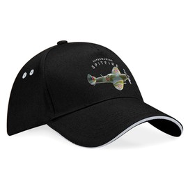 D Design Invent Print! Spitfire Gift Flying Legend Supermarine Hat Baseball Cap WWII Aircraft Gift Present Keepsake Memorabilia for Men and Women Adjustable (Cotton, Black/Grey Trim)