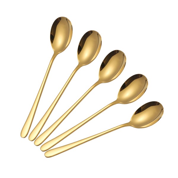 AOISHI Spoon, Set of 5, 18/8 Stainless Steel, Korean Dinner Spoon, 7.3 inches (18.5 cm), Elongated Handle, Neat Design, Curry Spoon, Soup Spoon, Stylish, Easy to Clean, Dishwasher Safe, Gold