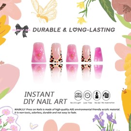 Leopard Print French Tip Press on Nails MABKJLF 3D Duck Fake Nails Medium False Nails with Pink Flower Water Drop Designs Glossy Glue on Nails Acrylic Nails for Women Girls 24Pcs