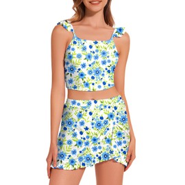 Traje de baño tankini para mujer, traje de baño de dos piezas con falda, control de abdomen, conjunto de tankini floral con cintura alta, Un floral azul., XX-Large