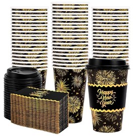 Whaline 50Pcs 16Oz Happy New Year Disposable Coffee Cups with Lids and Sleeves Black-Gold Firework Paper Drinking Cup for Chinese Spring Festival Party Supplies