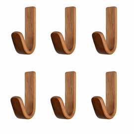 TYNUOCN 6 Pack Walnut Adhesive Wall Hooks, Decorative Wooden J Hooks, No-Drill Natural Wood Key Towel Bag Holders for Entryway Bathroom Bedroom Kitchen