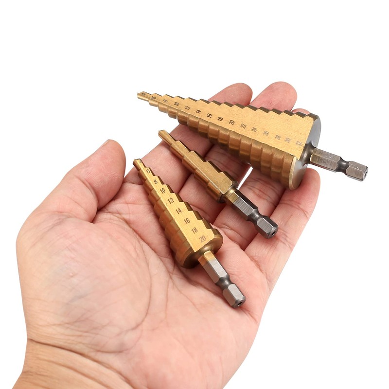 3 Pcs HSS Step Drill Bit Set, 4mm-12/20/32mm High Speed