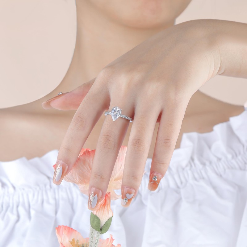 JALOKIVI 2CT 925 Sterling Silver Engagement Rings for Women Pear