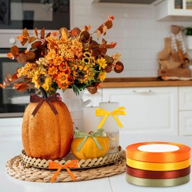 DECYOOL 4 Rolls 100 Yards Fall Ribbons, 10 mm Wide Autumn Thanksgiving Satin Ribbon for Wreath Bows Party Home Decoration Craft Wrapping (Orange, Yellow, Brown, Green)