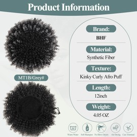 BHF Afro Puff Ponytail Drawstring Synthetic Short Kinky Curly Pineapple Ponytail Donut Chignon Hairpieces Wig 115g Wrap Updo Hair Extensions With Two Clips for women (12inch，MT1B/Grey）