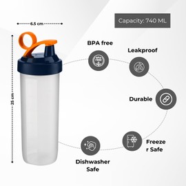 Protein Shaker Bottle, 740ml BPA Free Large Sports Water Bottles, No Blending Ball, Leak-Proof Screw-On Lid & Drinking Flip Cap, Durable Drink Bottle for Fitness Gym Camping Outdoor (Orange Ring Clip)