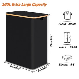 efluky Laundry Hamper with Lid, Trio Laundry Hamper with 3 Removable Bags, 3 Section Laundry Basket with Bamboo Handles for Bathroom, Bedroom & Laundry Room, 160L Black