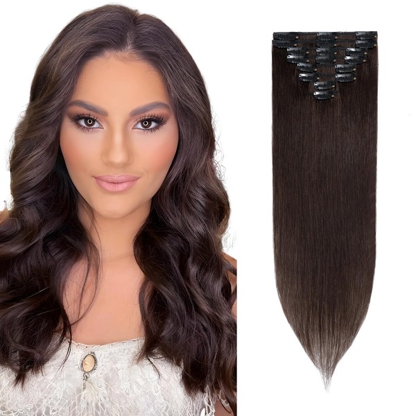 Clip in Hair Extensions Real Human Hair Dark Brown Hair