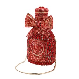 RomanticDesign Women Champagne Bottle Rhinestone Evening Clutch Bride Purse Chic Bowknot Crystal Handbag for Party Prom, B-red