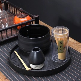 DECONESS Matcha Whisk Set, Jpanese Tea Set with Spoon, Match Bamboo Whisk with Bowl for Matcha Tea, Matcha Green Tea Powder Kit with Matcha Whisk Holder, Black Matcha Powder kit(4PCS)