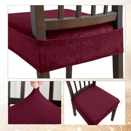 KELUINA Dining Chair Seat Covers Set of 4, Stretch Velvet Chair Seat Slipcovers Protector, Removable Washable Kitchen Chair Covers for Dining Room Chairs (Set of 4, Burgundy)