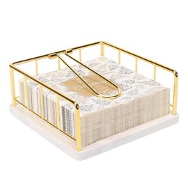 Livabber Flat Napkin Holder, Metal Kitchen Napkin Holder with Weighted Tension Arm Rustic Tissue Paper Dispenser for Countertop, Table Kitchen, Dining Room (With Marble Base, Gold)
