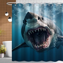 wongmode Shark Shower Curtain Ocean Themed Under The Sea Animal Bathroom Fabric Waterproof Décor with 12 Hooks 72''W x 72''H