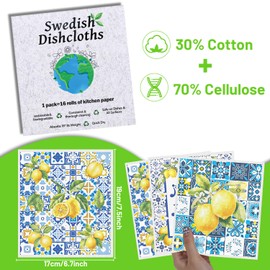InIsaJace Blue Tiles Lemons Swedish Dishcloths, 6 Pack Reusable Swedish Dish Cloths for Kitchen, Washable Absorbent Dish Towel Rag Set Cellulose Sponge Cloths Housewarming Gifts