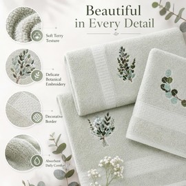 Peryiter 6 Pack Eucalyptus Leaves Bath Towels Set, Sage Green Towels for Bathroom Kitchen, Soft Farmhouse Embroidered Botanical Bathroom Decor Summer Decorative Gifts