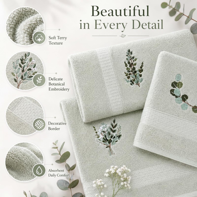 Peryiter 6 Pack Eucalyptus Leaves Bath Towels Set, Sage Green