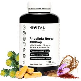 Rhodiola Rosea 4000 mg 180 Vegan Capsules for 6 Months. Prevents Anxiety and Reduces Fatigue and Fatigue. With Extracts of Rhodiola Rosea, Siberian Ginseng, Saffron and Vitamin B6