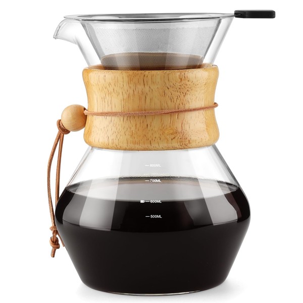 COPOTEA Pour Over Coffee Maker with Double Layer Stainless Steel Filter, 28oz / 800ml Coffee Dripper Brewer, High Heat Resistant Carafe, Wooden Collar Coffee Carafe