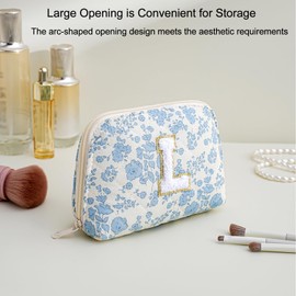 WHHJM Initial Dome Cosmetic Makeup Bag Small Cotton Quilted Makeup Pouch for Purse Cute Blue Floral Travel Toiletry Zipper Pouch (Blue Floral L)