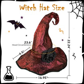 Women Witch Hat with Detachable Flower & Gothic Pendant, Wizard Hats Wicked Costume Accessories for Hallowen Party (Red)