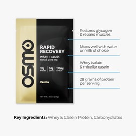 Osmo Rapid Recovery - Whey & Micellar Casein Protein Powder Blend with Carbohydrates & Caffeine, All Natural Ingredients, Enables Muscle Repair & Boosts Glycogen Restoration - Vanilla, 8 Servings