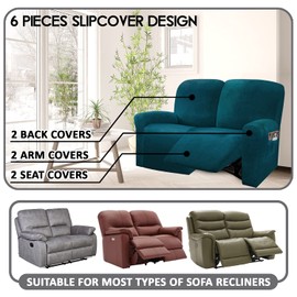ULTICOR Reclining Love Seat Slipcover, 48" - 65" L, 6-Piece Velvet Stretch Loveseat Reclining Sofa Covers, 2 seat Love seat Recliner Cover, Thick, Soft, Washable (Deep Teel)