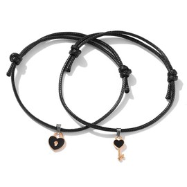 2 Pcs Couples Matching Rope Bracelets Love Lock Key Star Pendant Couples Adjustable Bracelets for Women Men Long Distance Relationship Valentine's Day Jewelry (Black, One Size)