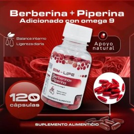 BDM - LIFE Berberina + Piperina con Omega 9, Suplemento Alimenticio, 120 Cápsulas, Bienestar Metabólico y Energía