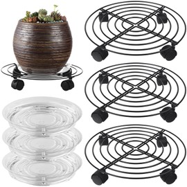 3 Packs Large Metal Plant Caddy 13.8” Plant Dolly with Wheels Heavy Duty Wrought Iron Rolling Plant Stand with Casters for Indoor and Outdoor Plant Pot Rollers Black, Plastic Saucers Included