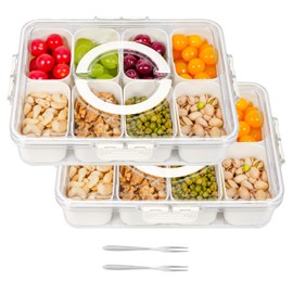2 Pack Divided Serving Tray with Lid and Handle, Snackle Box Charcuterie Container Portable for Snack Platters Reusable Clear Organizer 8 Compartments for Candy, Fruits, Nuts for Party Entertaining
