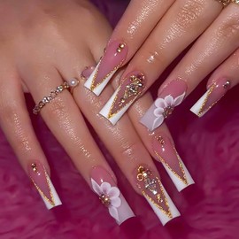 RTKHFZE Press on Nails Long Square Fake Nails Gold Glitter V Shape False Nails French White Flower and Three-Dimensional Rhinestones Designs Acrylic Nails Glossy Full Cover Stick on Nails for Women