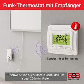 ELEKTROBOCK FRT7B3 Wireless Room Thermostat with Stand, Place Anywhere, with Receiver, Long Range, for Electric Heating and Infrared Heating, White