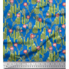 Soimoi Blue Cotton Canvas Fabric Flower & Cactus Tree Decor Fabric Printed BTY 42 Inch Wide