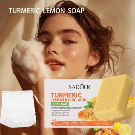 SADOER Lemon Turmeric Kojic Acid Soap Bar, Dark Spot Acne Remover Face & Body Cleansing