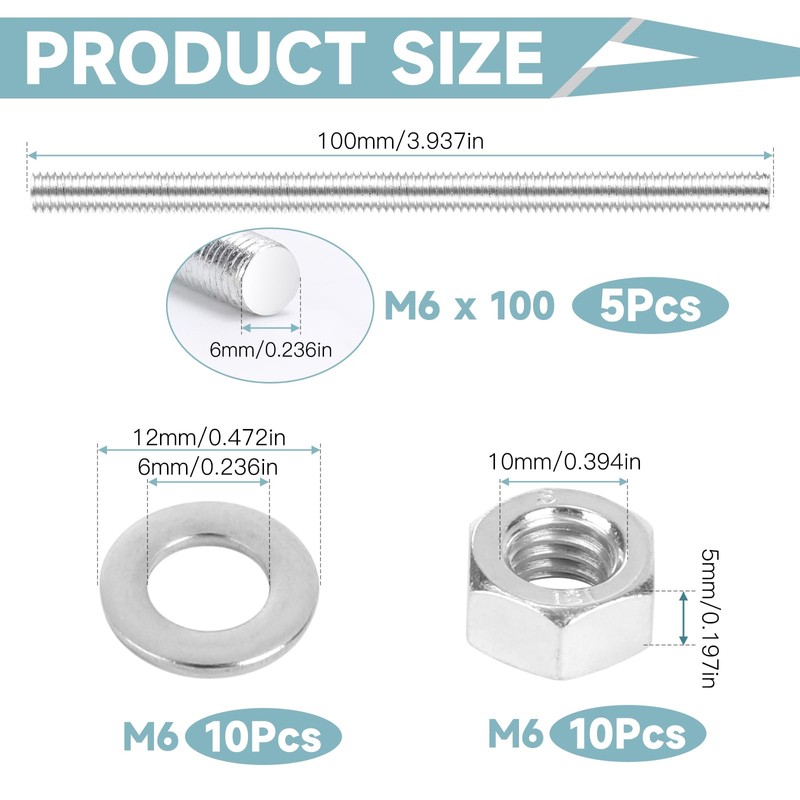 Pack of 5 Threaded Rods M6 x 100 mm, Threaded