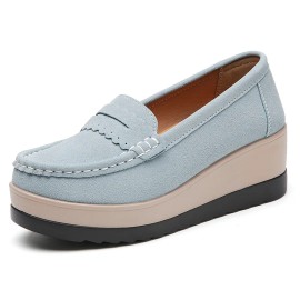 Women's Shoes with Thick Soles Wedge Heels Single Height Increase Platform Shoes Spring Autumn Suede Leather Slip-on LoafersColor: Gray, US Size: 37