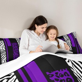 Leopard Print Comforter Set Full Size,Zebra Skin Texture Black White Bedding Set,Girls Women Room Decor,Geometric Squares Patchwork Down Comforter,Purple Romantic Chic Duvet Insert,2 Pillowcases