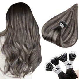 Hetto Ombre Nano Hair Extensions Real Human Hair Nano Ring Hair Extensions Balayage Off Black to Silver Nano Beads Hair Extensions Remy Human Hair Invisible Straight 16Inch 50s 50g