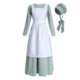 ROLECOS Pioneer Dress Women Green Floral Prairie Dresses Old Fashioned Amish Colonial Pilgrim Costume 3 Piece Set L