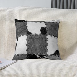 Cowhide Throw Pillow Covers 24x24 Set of 2, Patchwork Cow Fur Print Decorative Square Pillow Cases for Bed Sofa Couch, Farm Animal Pillow Covers, Western Cowboy Farmhouse Cushion Covers, Grey White